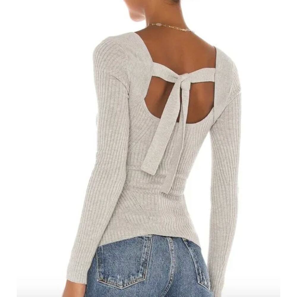 Lovers and Friends White Tie Back Fitted Long Sleeve Cotton Blend Rib Sweater S - Picture 2 of 6